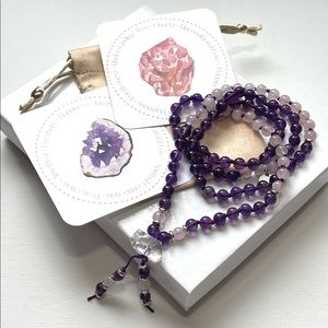 Mala Beads 108 / Genuine Amethyst & Rose Quartz Meditation Yoga Necklace